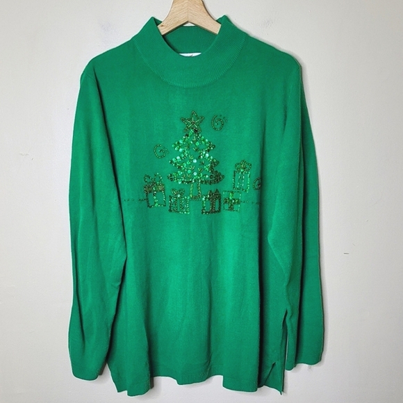 Quacker Factory Christmas Sweater 2X Green Sequin Beaded Holiday Tree NWT - Picture 2 of 7
